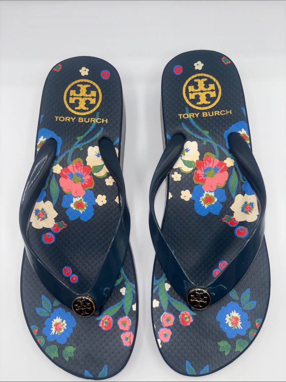 Tory Burch Navy Floral Logo Thong Sandals - Picture 2 of 9